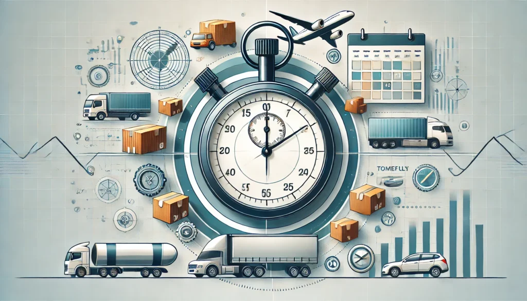 DALL·E 2024-10-27 17.05.09 - A professional and reassuring image representing a company's commitment to timely delivery. The image shows a clock or stopwatch alongside elements li